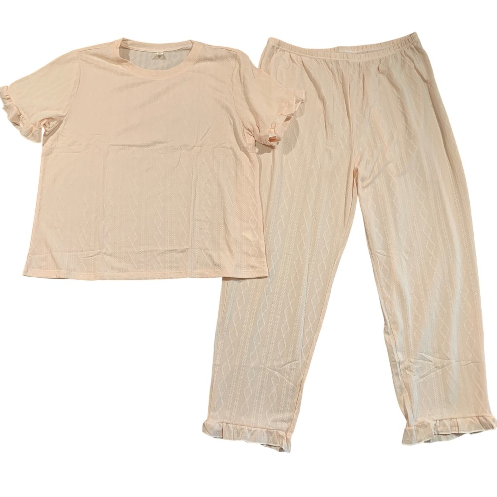 New Womens XXL Apricot Knit Pajama Set‎ Top Pants Loungewear Sleepwear Ruffle